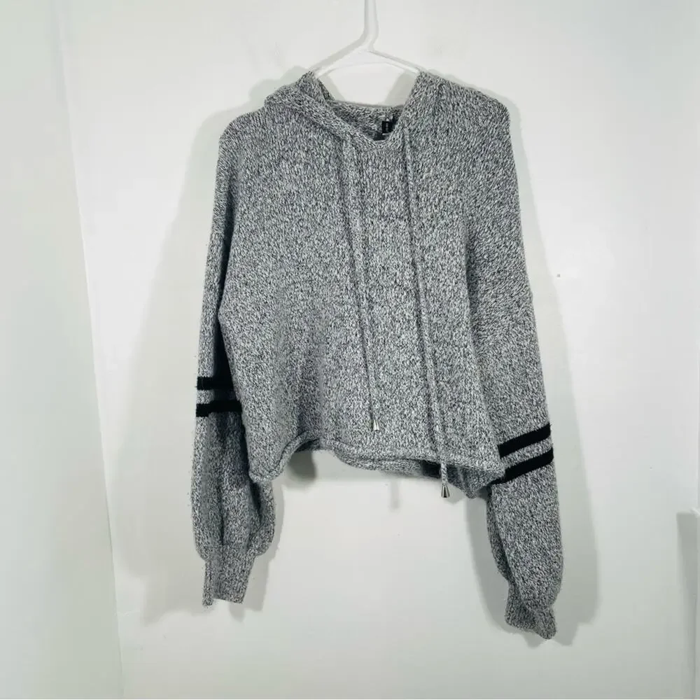 ONZIE Gray Black Varsity Striped Blouson Sleeve Chunky Knit Hoodie Sweater OS
